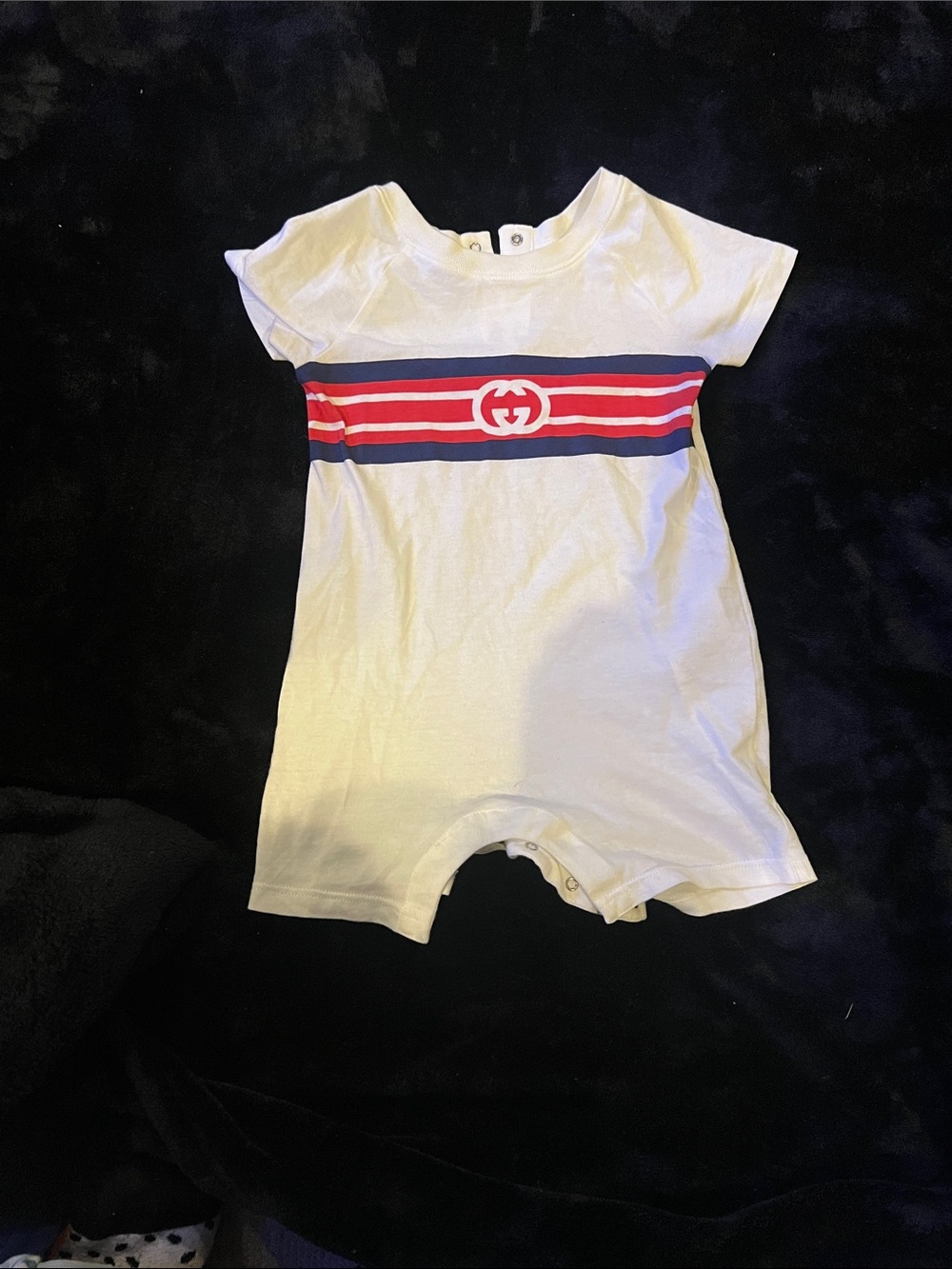 Gucci White Infant One-Piece with Red and Blue Stripe Logo